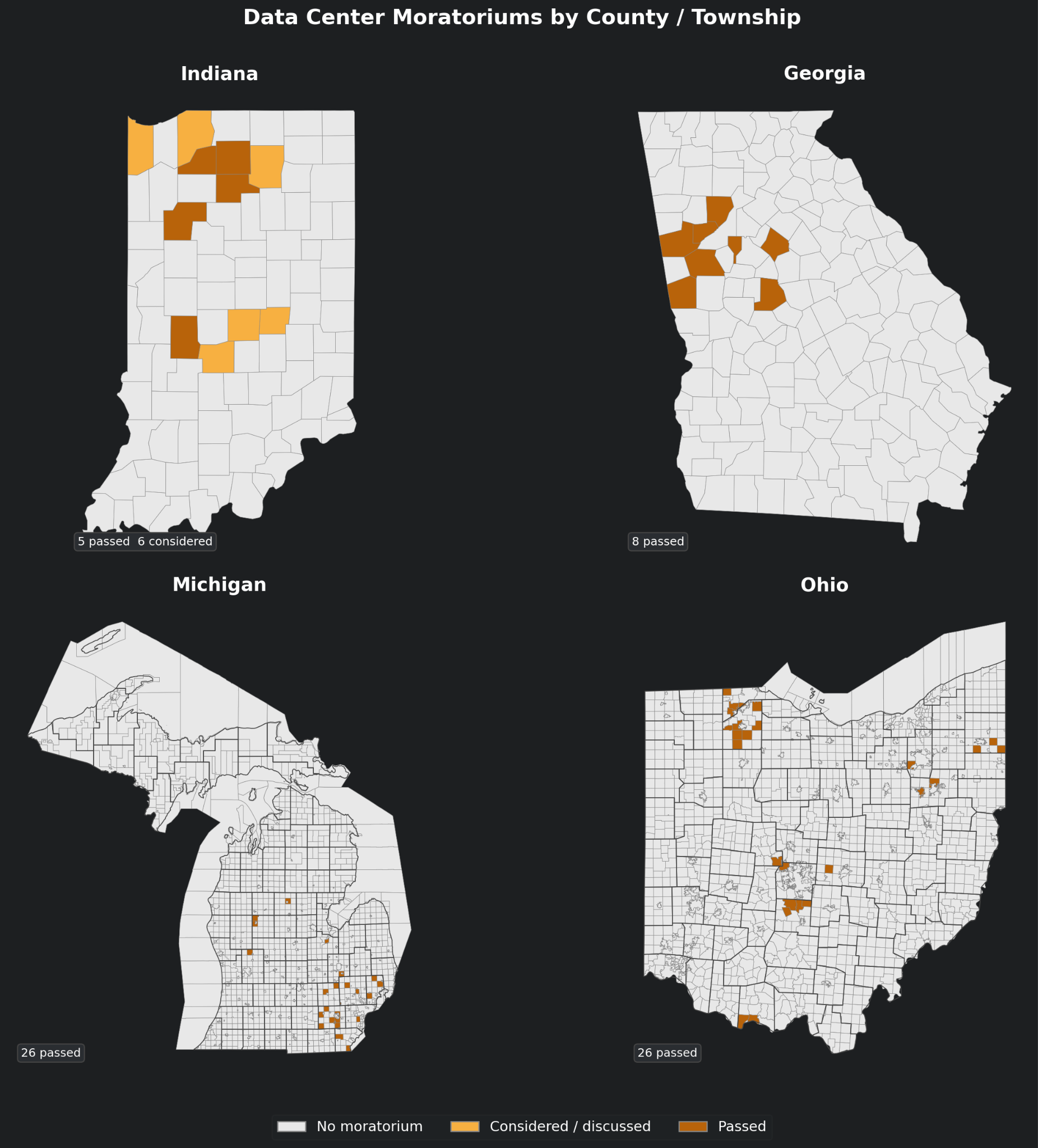 Data Center Moratoriums by County / Township — Indiana, Georgia, Michigan, Ohio